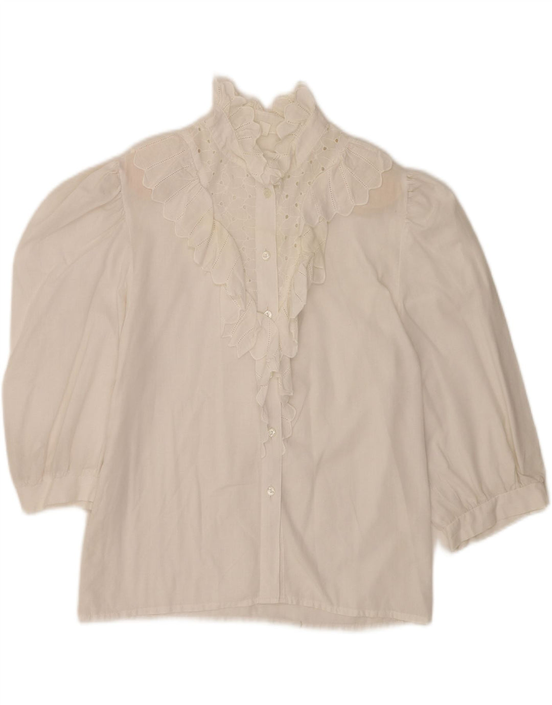 Vintage kvinders 3/4 ærmer flæse foran skjorte bluse UK 12 Medium White