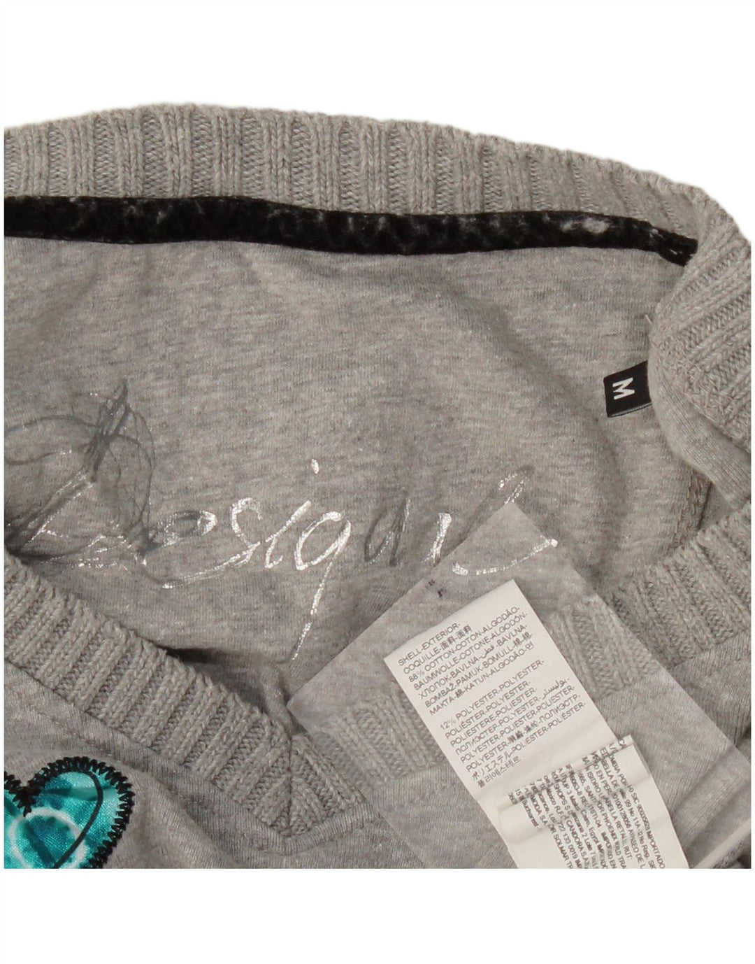 DESIGUAL Dame Grafisk Top Langærmet UK 12 Medium Grey Paisley Heart