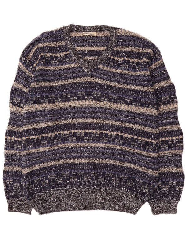 Rodes Herre V-hals sweater Medium Navyblå Stribet bomuld