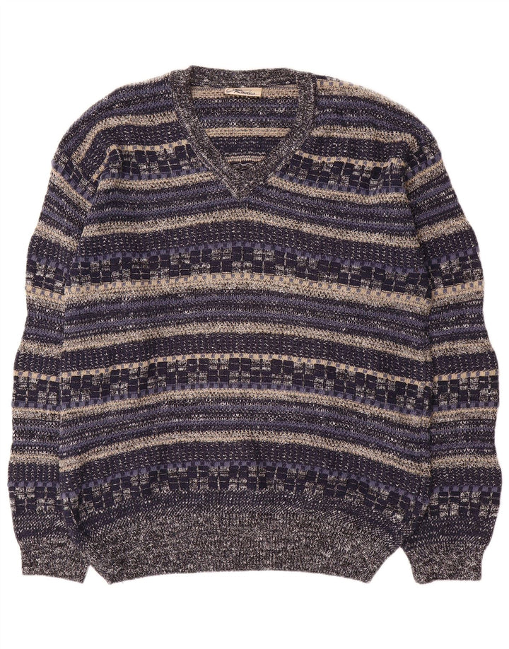 Rodes Herre V-hals sweater Medium Navyblå Stribet bomuld