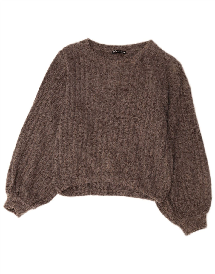 Zara Womens Crop Boat Neck Jumper Sweater UK 14 Medium Grey Polyester