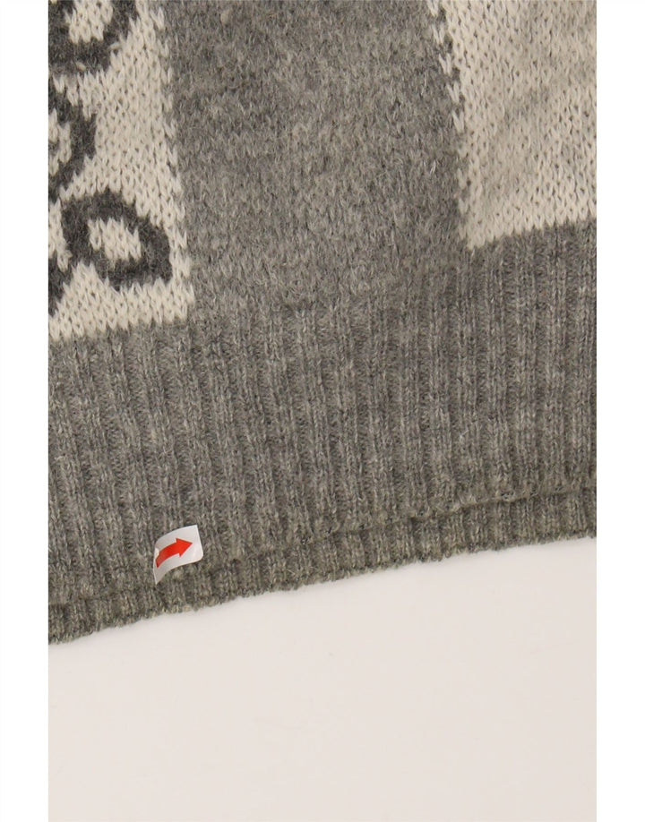 VINTAGE Mens Crew Neck Jumper Sweater Large Grey Fair Isle