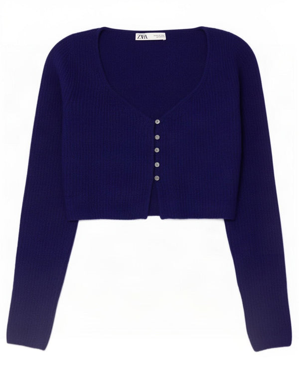 Zara Womens Crop Cardigan Sweater UK 12 Medium Navy Blue Akryl