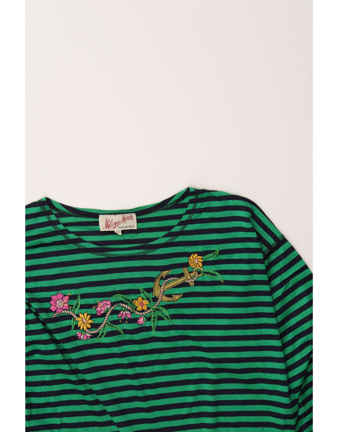 VINTAGE Womens Graphic Top Long Sleeve IT 46 Large Green Striped Vintage Vintage and Second-Hand Vintage from Messina Hembry 