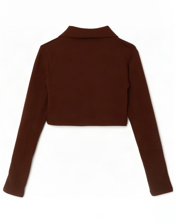 Zara Womens Crop Langærmet Polo Shirt UK 8 Small Brown Bomuld