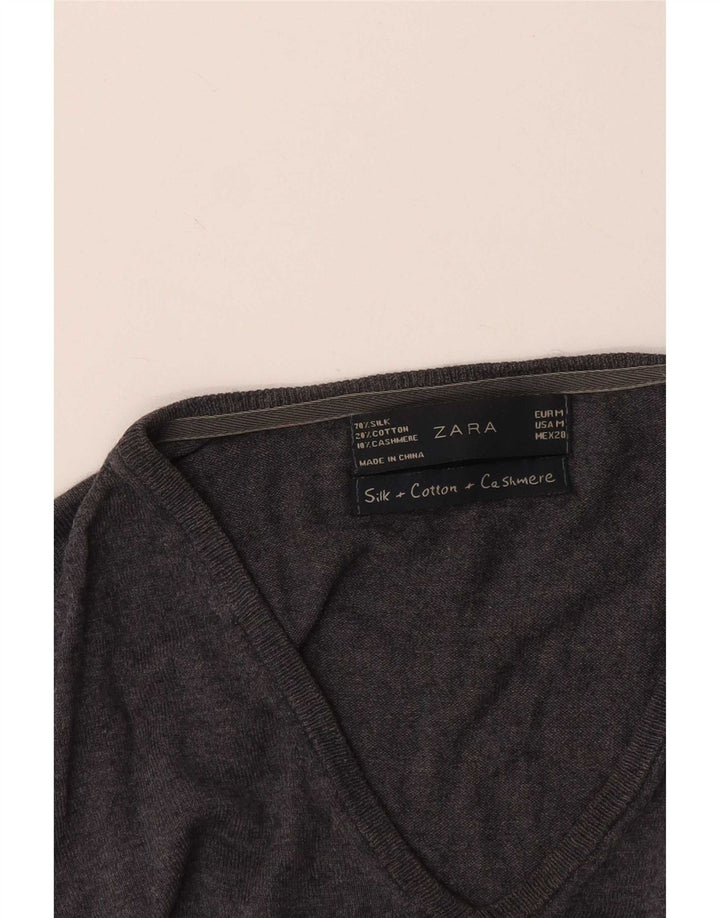 Zara Dame V-hals sweater UK 12 Medium Grå Silke