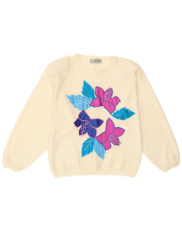Vintage dame sweater med rund hals i én størrelse off hvid blomster akryl
