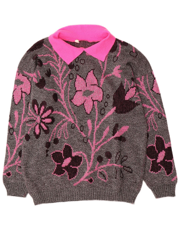 Vintage kvinders grafisk polo hals sweater UK 16 store grå blomster