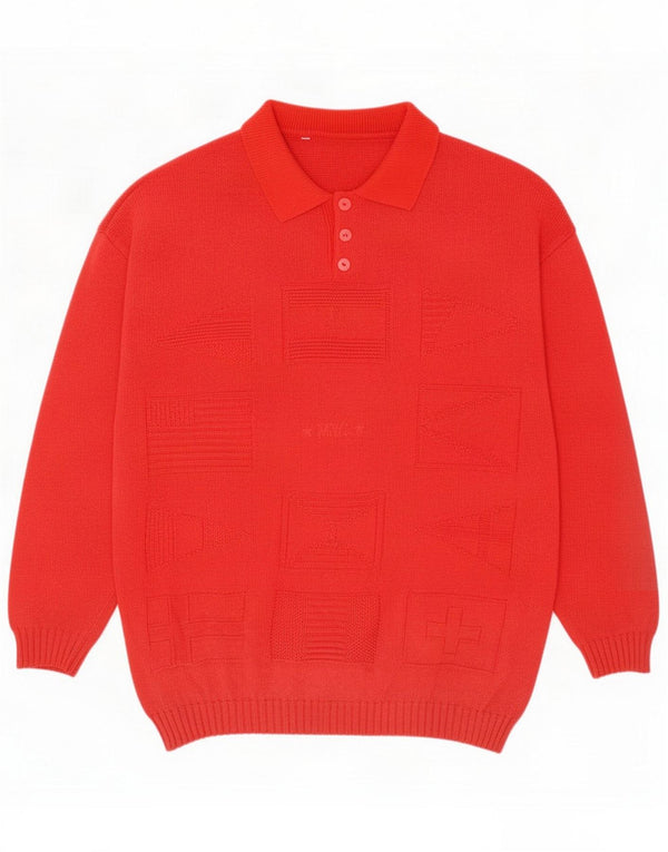 Vintage Mens Polo Neck Jumper Sweater Medium Red Geometric