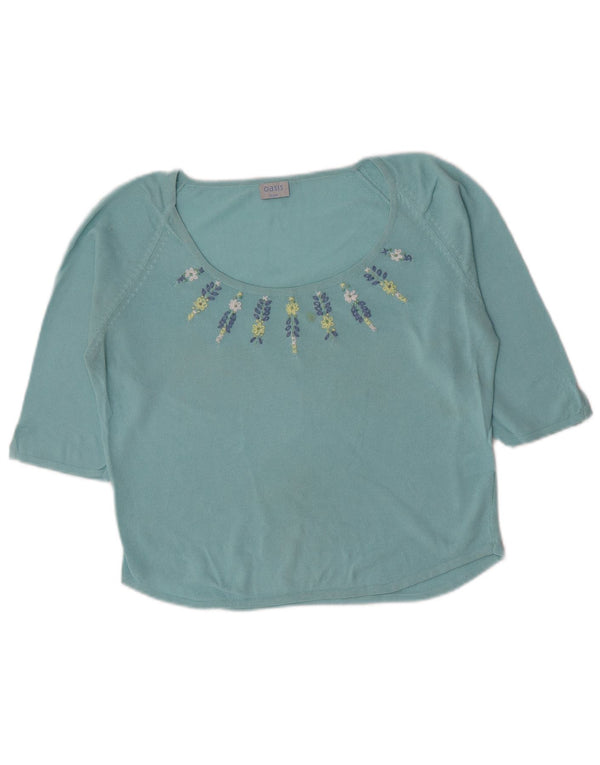 Oasis Womens Crop Top 3/4 ærme UK 16 Large Blue Floral Cotton