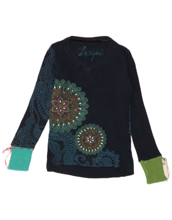Desigual Dame V-hals sweater UK 12 Medium Navy Blue Floral Bomuld