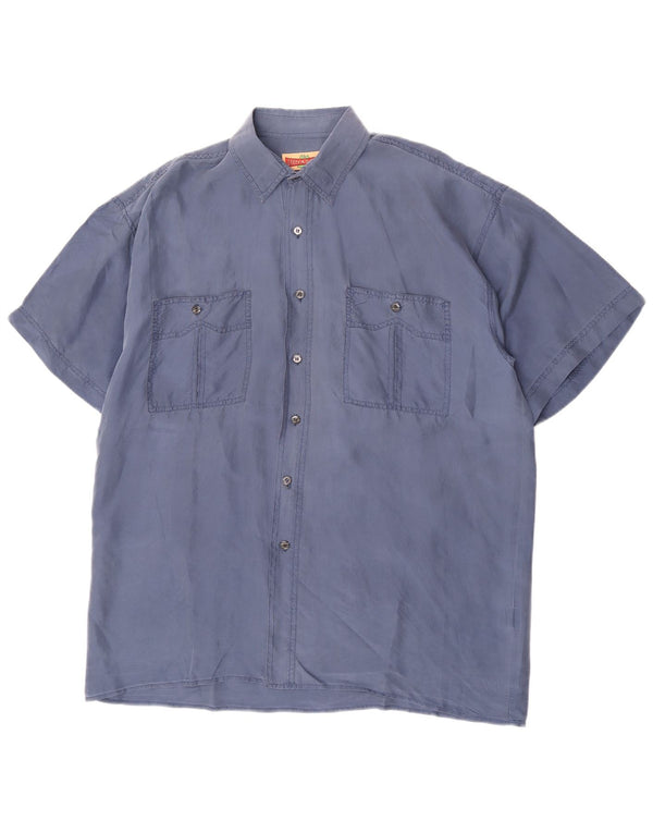 Vintage kortærmet skjorte til mænd Large Blue Silk Classic