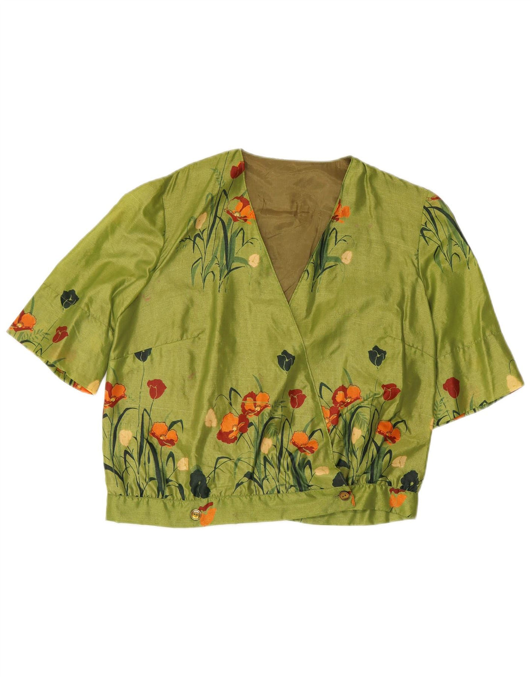 VINTAGE Kortærmet skjortebluse til kvinder UK 16 Large Green Floral