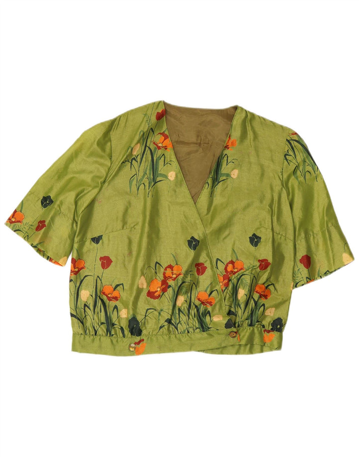 VINTAGE Kortærmet skjortebluse til kvinder UK 16 Large Green Floral