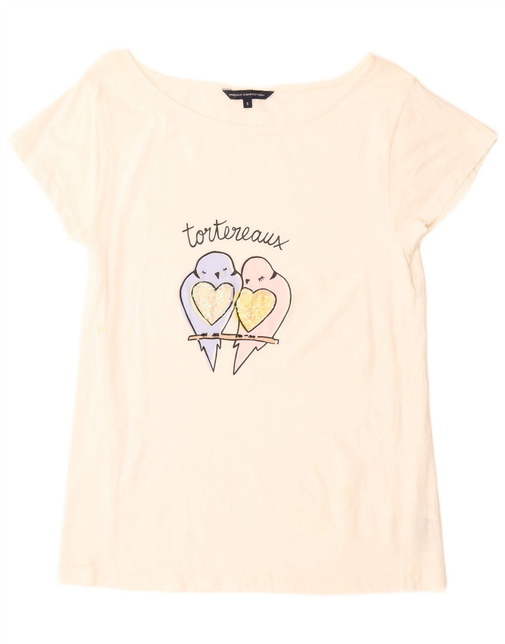 French Connection Dame Grafisk T-Shirt Top UK 10 Small White Bomuld