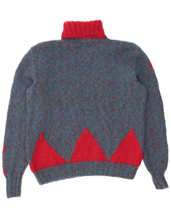 Vintage Dame Roll Neck Jumper Sweater UK 14 Large Blue Geometric