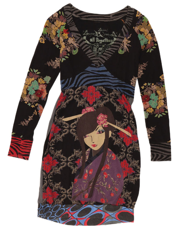Desigual Dame Langærmet Skede Kjole UK 10 Small Black Floral Bomuld
