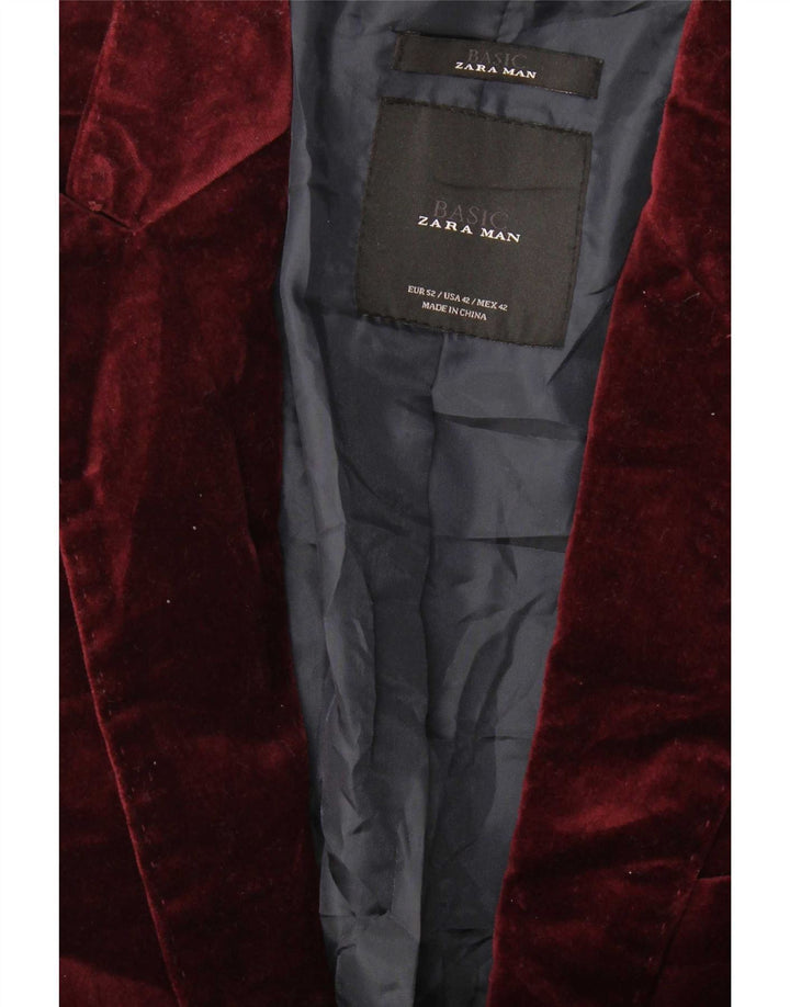 Zara Herre 2 Button Velvet Blazer Jacket EU 52 Large Burgundy