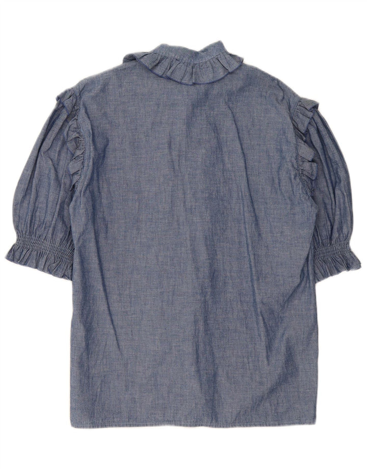 Vintage kvinders flæse foran 3/4-ærmet skjortebluse UK 14 Medium Blue