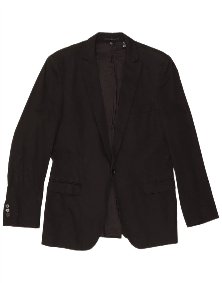 Zara Herre 1 Knap Blazer Jakke EU 50 Medium Sort Bomuld