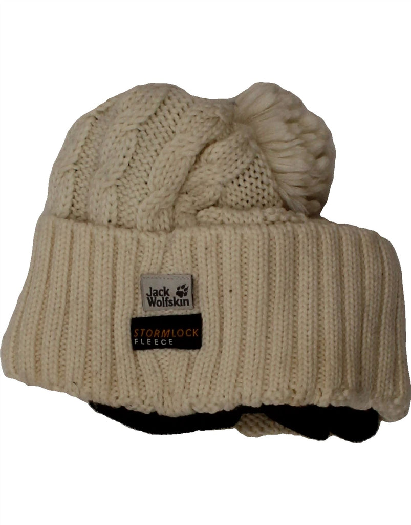 JACK WOLFSKIN Girls Storm Lock Knit Bobble Hat One Size Off White Winter Vintage Jack Wolfskin and Second-Hand Jack Wolfskin from Messina Hembry 