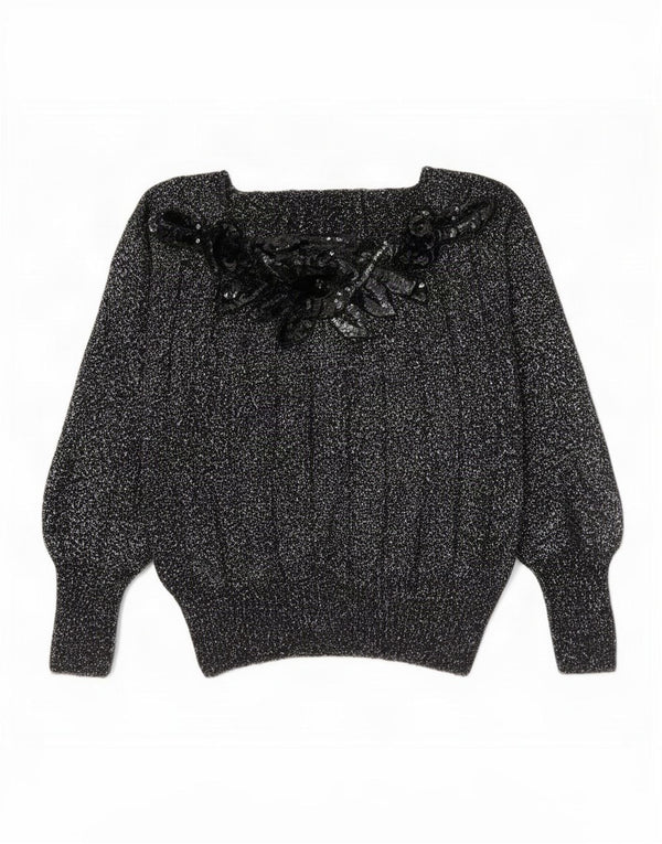 Vintage Dame Boat Neck Jumper Sweater UK 14 Medium Black Flecked