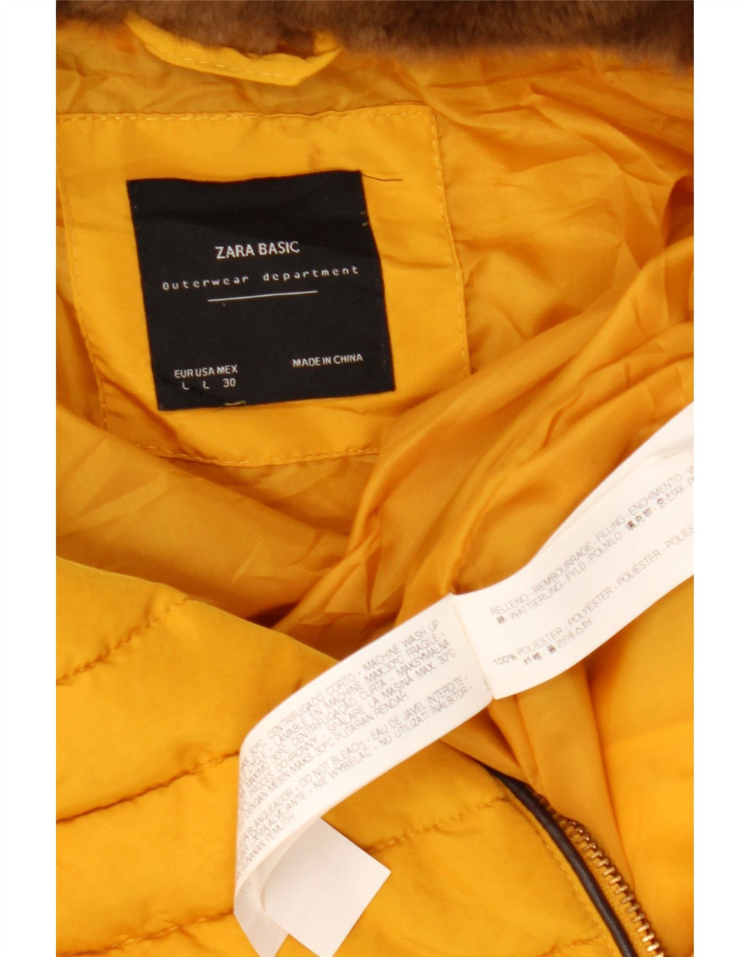 Zara Dame Hooded Crop Polstret Jakke UK 14 Stor Gul Polyester
