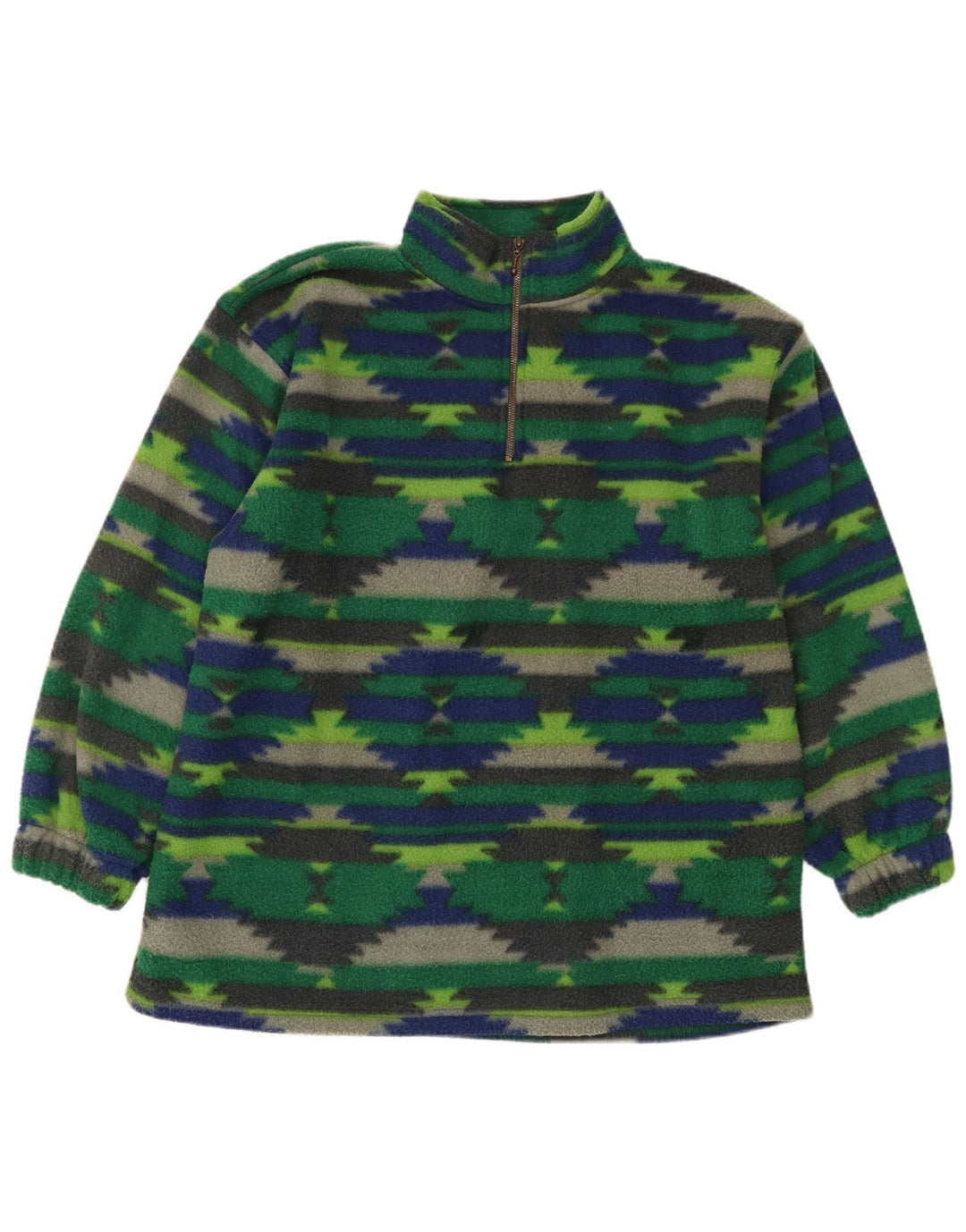 Vintage herre lynlås hals fleece jumper stor grøn geometrisk polyester