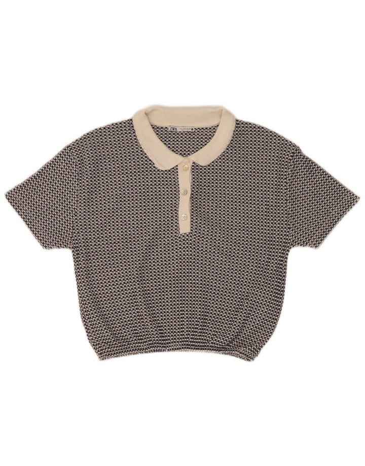 Zara Womens Crop Polo Shirt UK 10 Small Blue Geometric Polyester