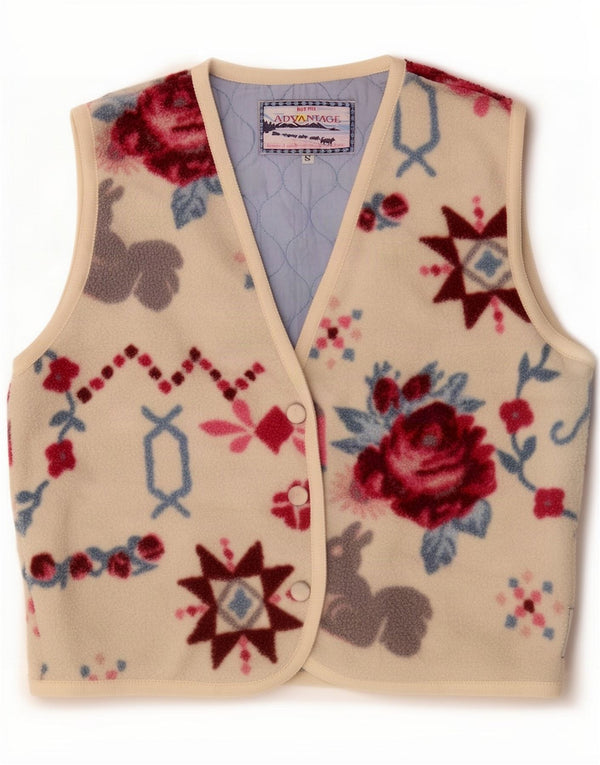 Vintage Womens Oversized Fleece Waistcoat UK 10 Small Beige Floral