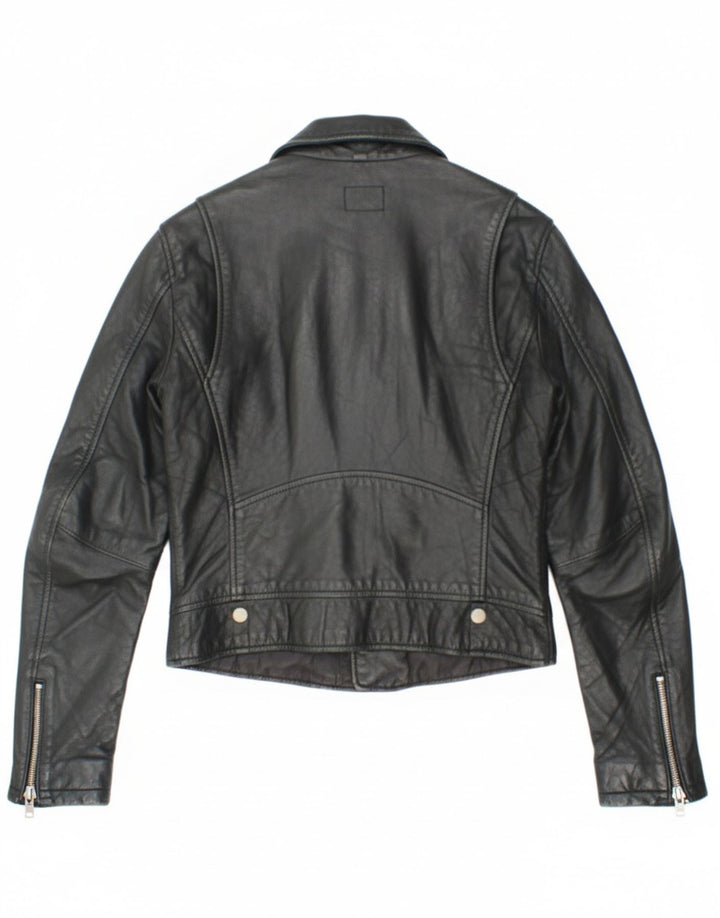 BERSHKA Womens Crop Leather Biker Jacket UK 10 Small Black Leather