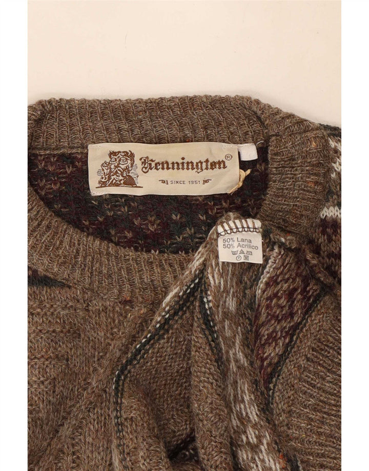 Kennington Herre Crew Neck Jumper Sweater Large Brown Fair Isle Wool