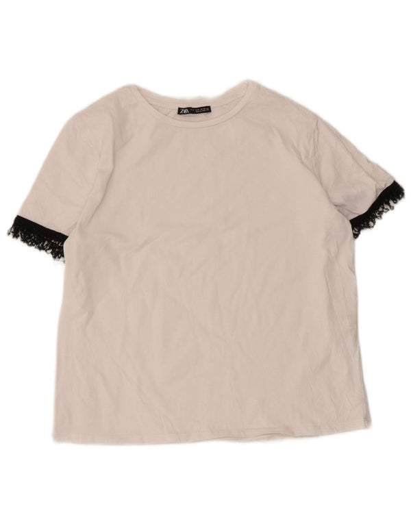 Zara T-Shirt Top UK 12 Medium Hvid Colourblock Bomuld