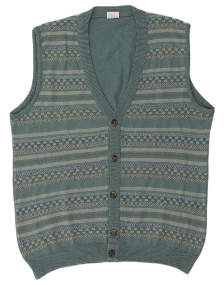 Bernardini herre ærmeløs cardigan sweater XL blå geometrisk uld
