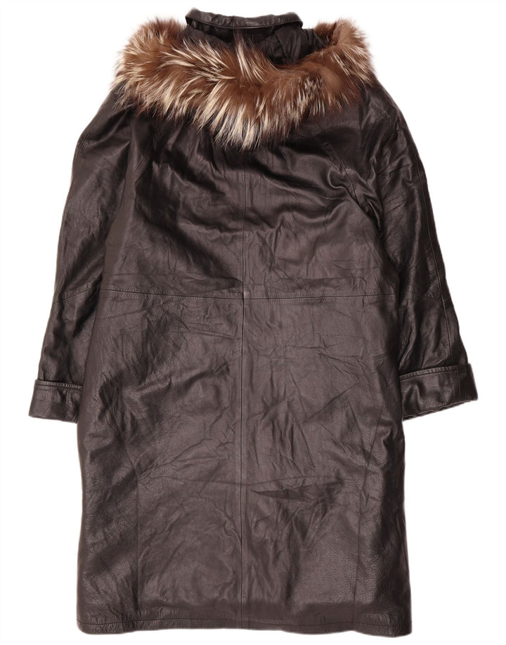 VINTAGE Oversized læderfrakke med hætte til kvinder UK 14 Medium sort læder
