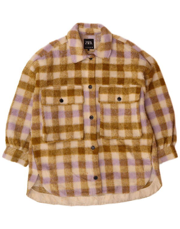 Zara Dame Oversized Fleecejakke UK 10 Small Beige Plaid Polyester