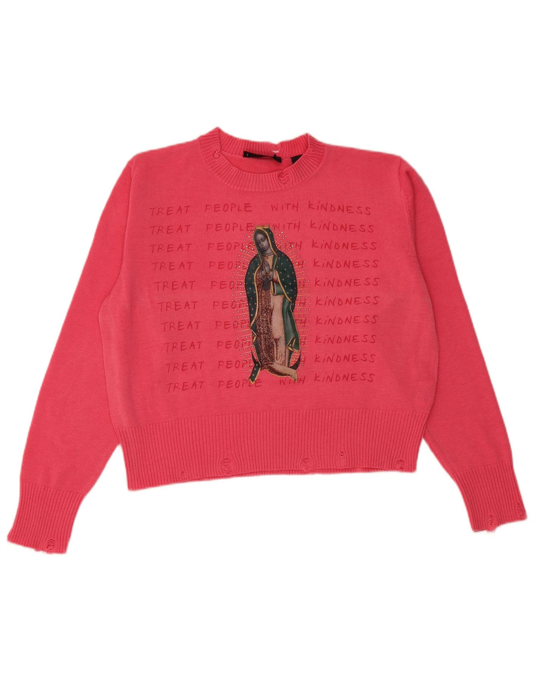 DESIGUAL Womens Crop Grafisk Crew Neck Jumper Sweater UK 14 Medium Pink