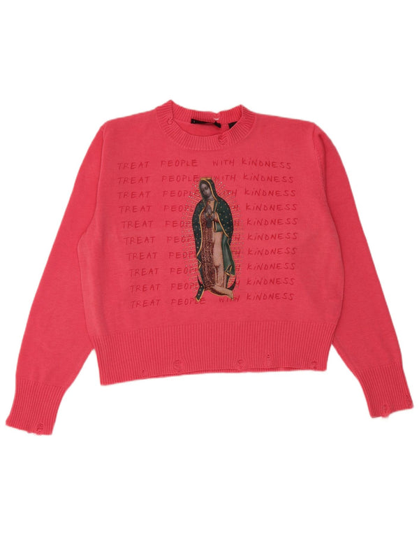 DESIGUAL Womens Crop Grafisk Crew Neck Jumper Sweater UK 14 Medium Pink