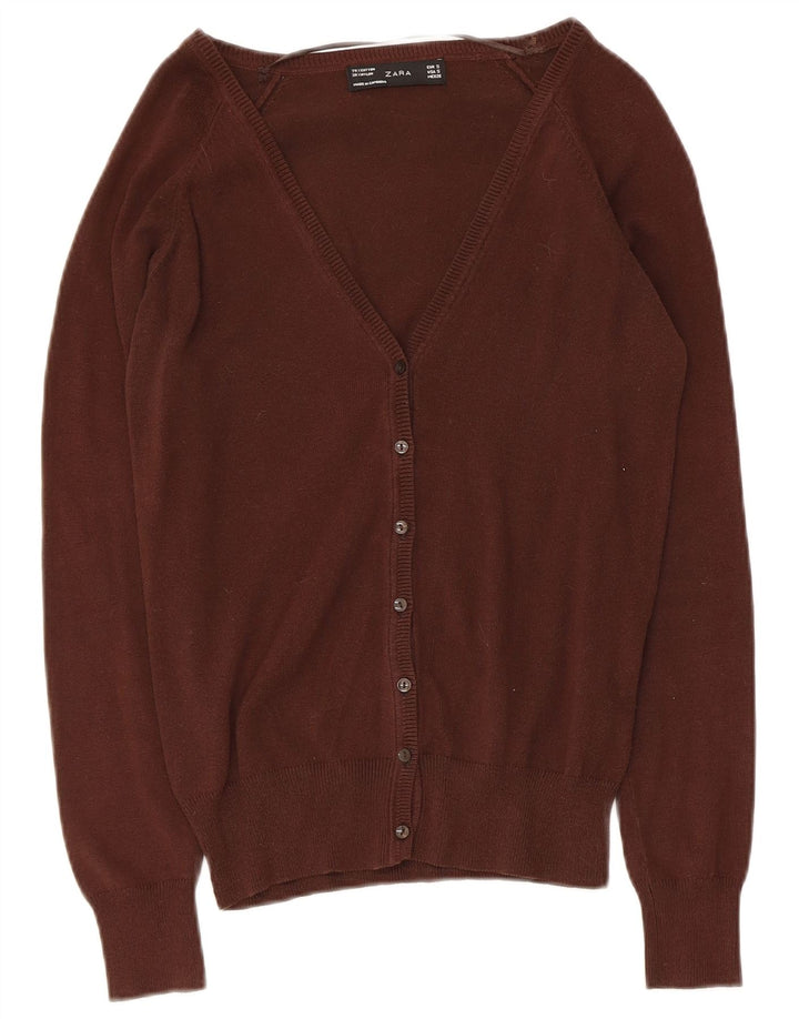Zara Dame Cardigan Sweater UK 10 Lille Brun Bomuld