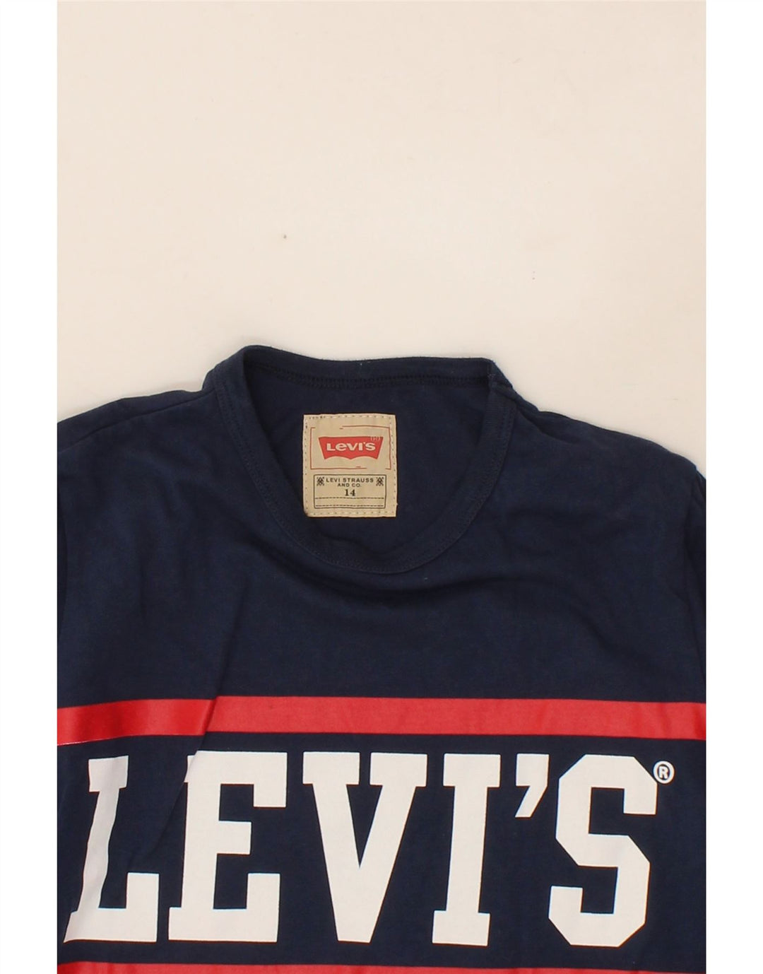 LEVI'S Boys Graphic Top Long Sleeve 13-14 Years Navy Blue Striped Cotton Vintage Levi's and Second-Hand Levi's from Messina Hembry 