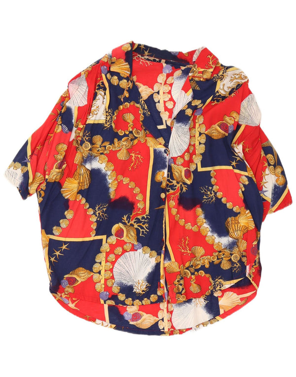 Vintage Kvinder grafisk kortærmet skjorte UK 18 XL Navy Blue Colourblock
