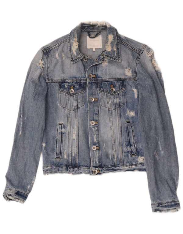 Zara Dame Distressed Denim Jacket UK 10 Small Blue