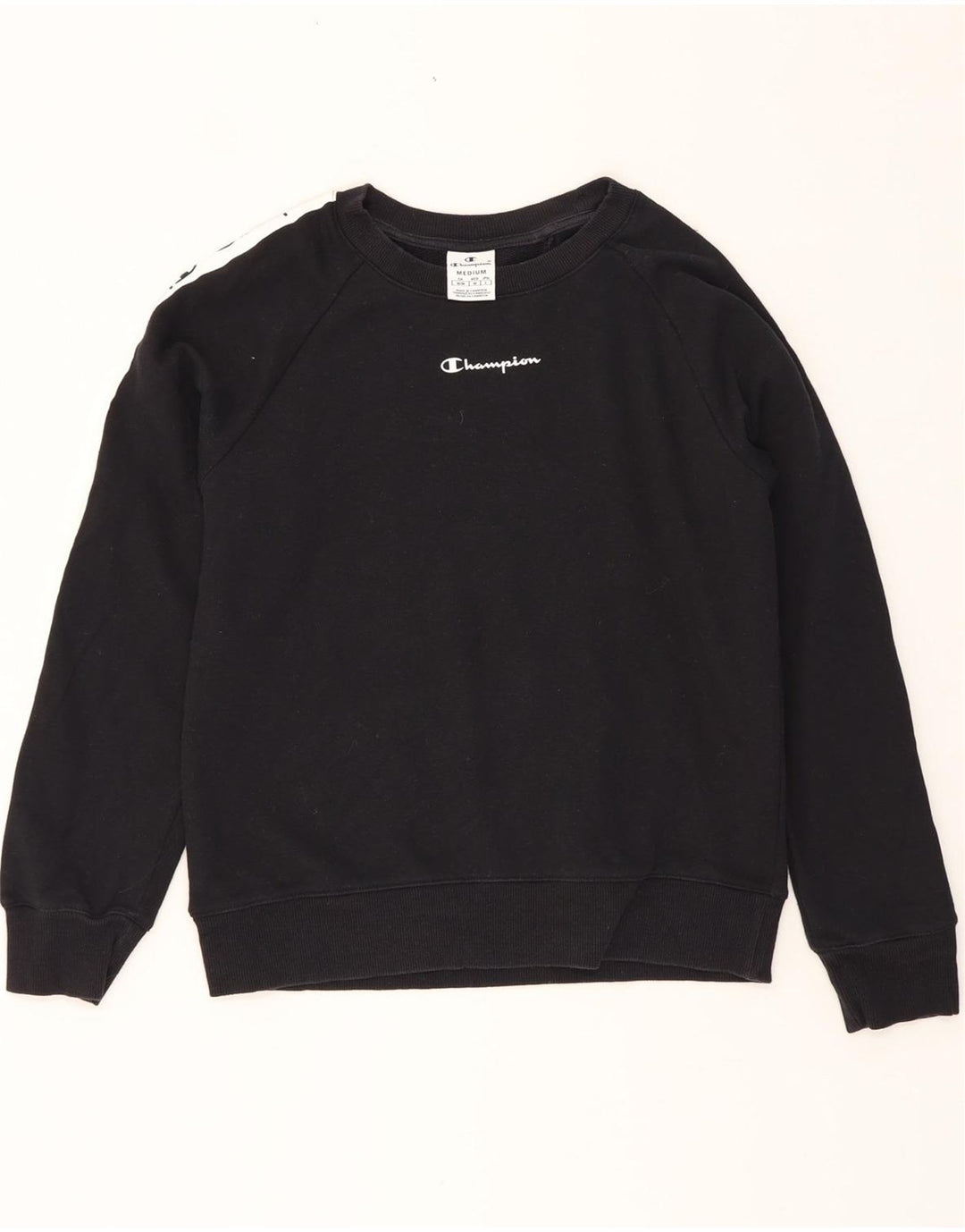 CHAMPION Womens Graphic Sweatshirt Jumper UK 12 Medium Black Colourblock Vintage Champion and Second-Hand Champion from Messina Hembry 