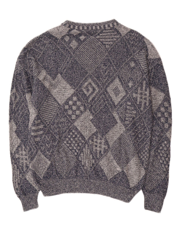 Vintage Herre Boat Neck Jumper Sweater IT 48 Medium Blue Geometrisk Bomuld