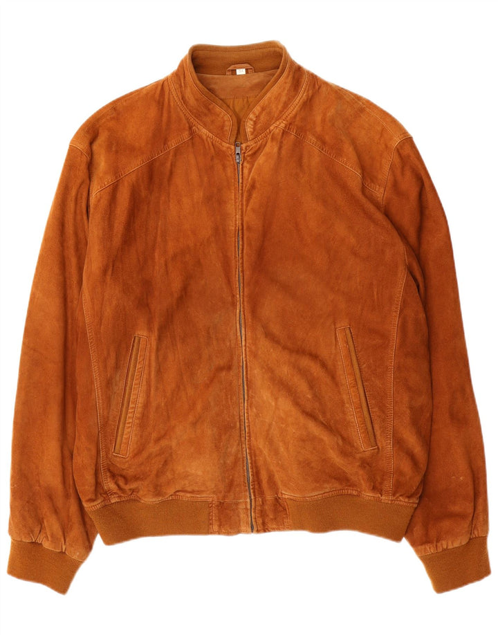 VINTAGE Herre Ruskind Bomber Jacket IT 54 2XL Beige Læder