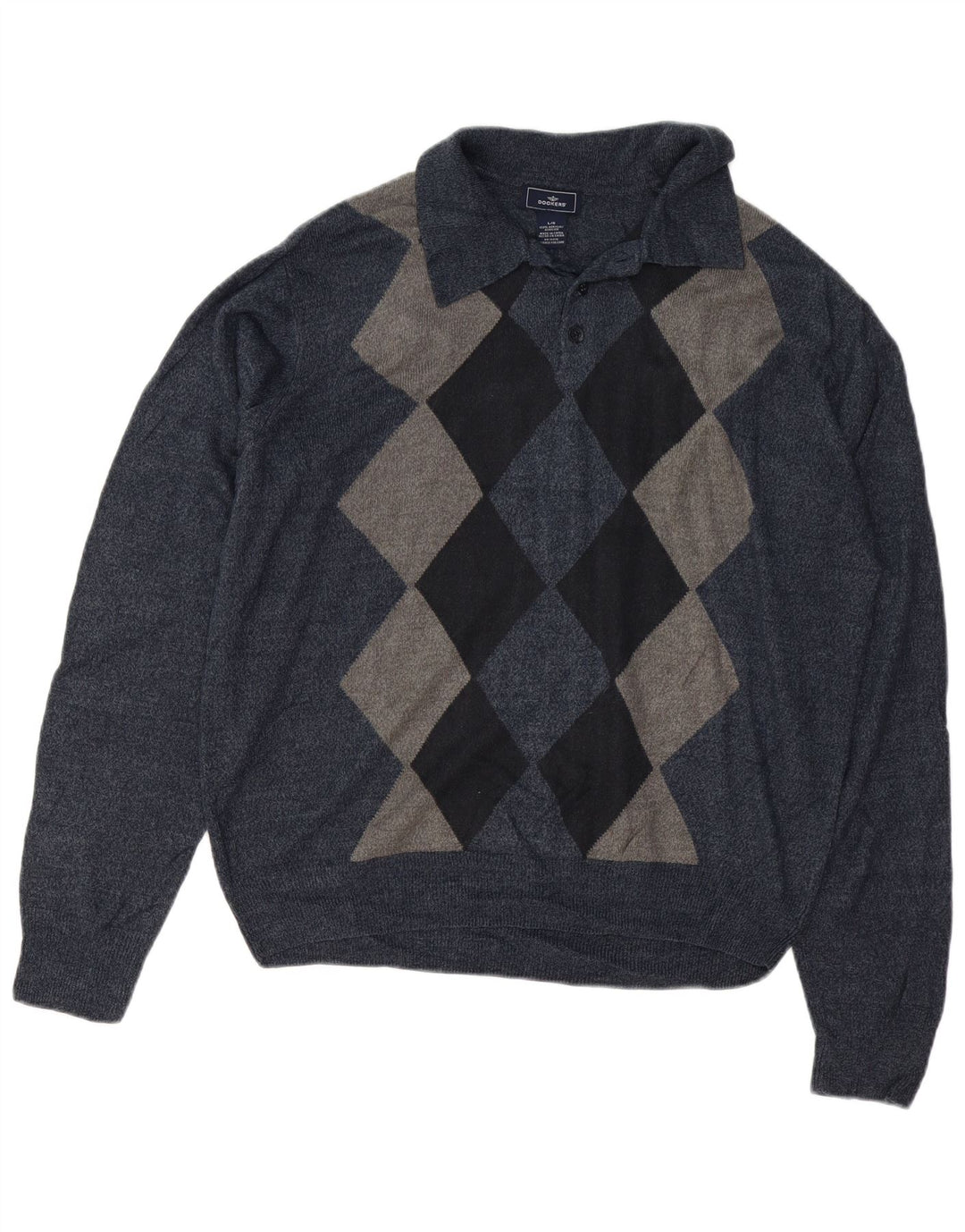 DOCKERS Herre Polo Neck Jumper Sweater Large Navy Blue Argyle/Diamond
