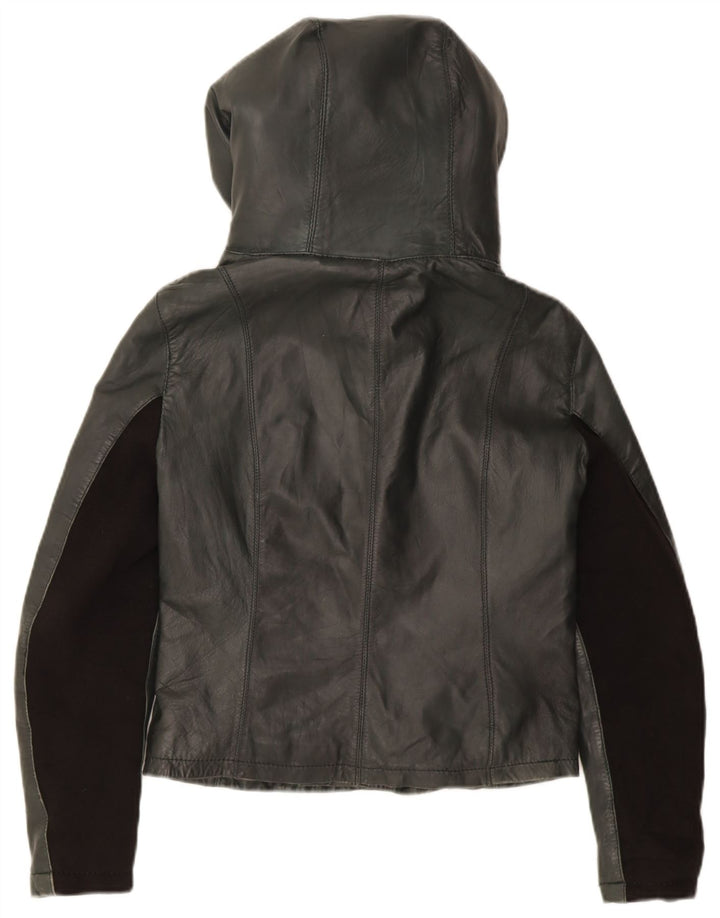 XETRA Dame Crop Hætte Læderjakke UK 12 Medium Sort