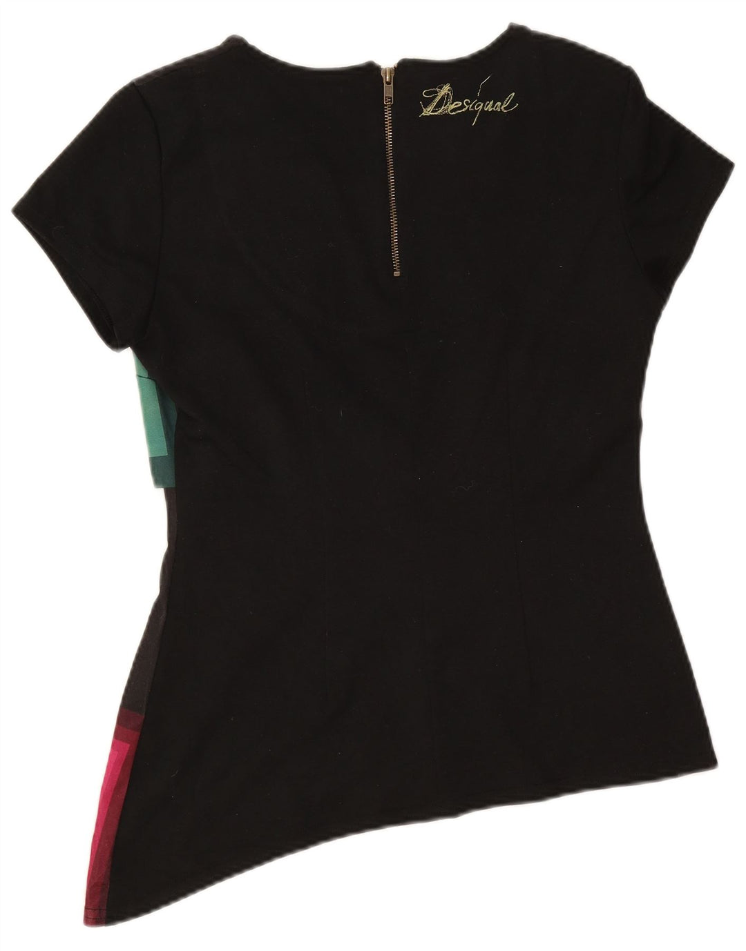Desigual Dame Asymmetrisk Bluse Top UK 14 Stor Sort Geometrisk