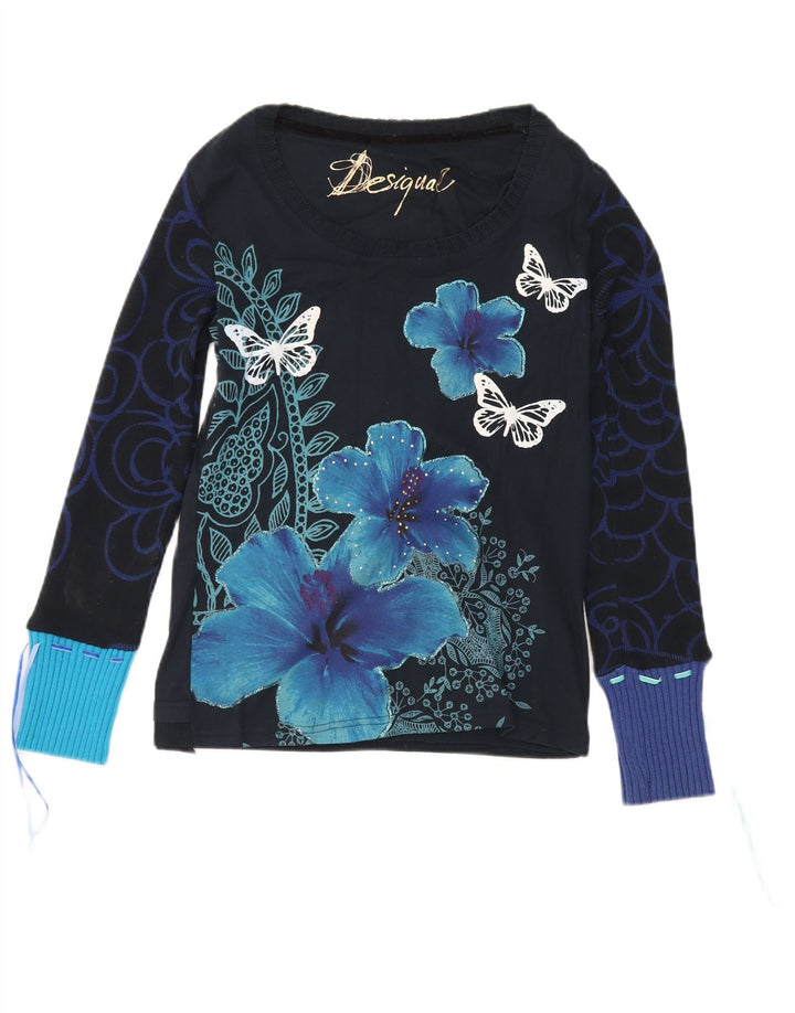 Desigual Dame Grafisk Top Langærmet UK 12 Medium Navy Blue Butterfly