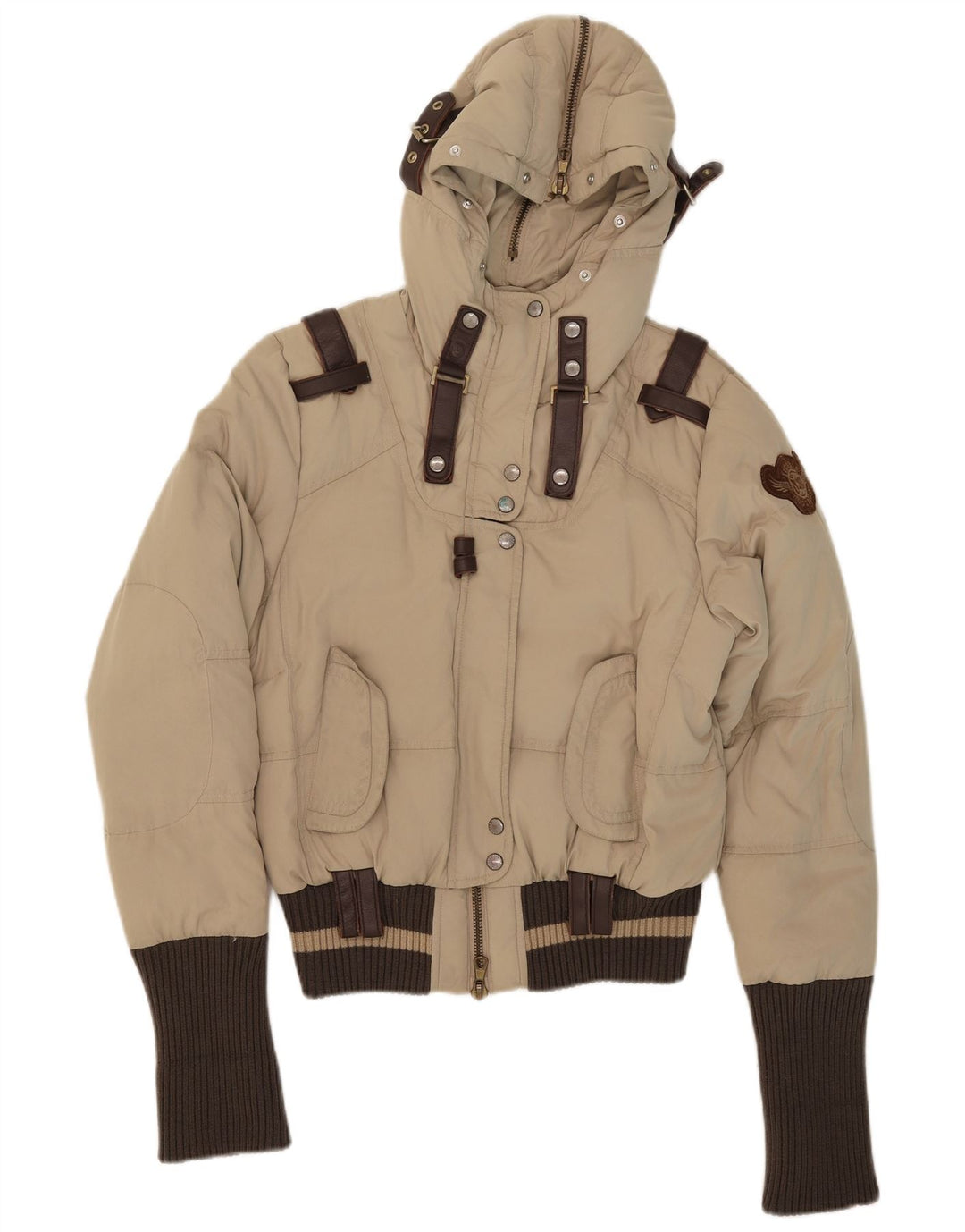 Frankie Morello Dame Hætte Polstret Jakke IT 42 Lille Beige Polyester